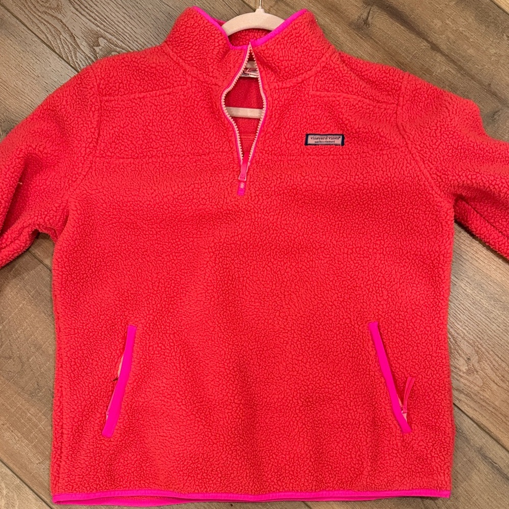 Vineyard Vines women's sherpa quarter-zip pullover sweater in a bright pink